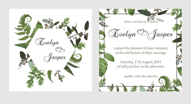 set for wedding invitation, greeting card, save date, banner. Vintage square, round frame with green fern leaf, boxwo od and eucalyptus sprigs isolated on white background