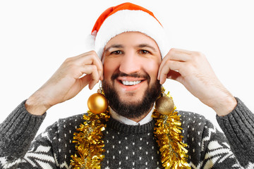 man with Christmas balls, man with Christmas decorations