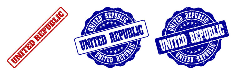 UNITED REPUBLIC grunge stamp seals in red and blue colors. Vector UNITED REPUBLIC signs with grunge effect. Graphic elements are rounded rectangles, rosettes, circles and text labels.