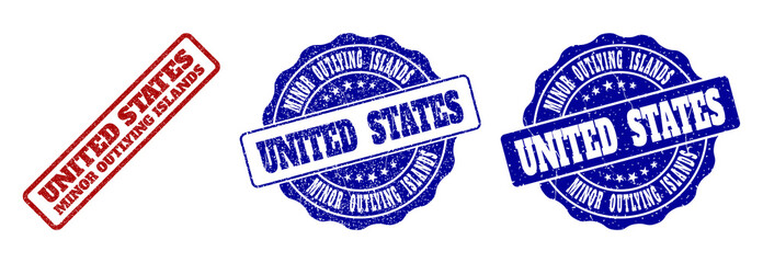 UNITED STATES MINOR OUTLYING ISLANDS scratched stamp seals in red and blue colors. Vector UNITED STATES MINOR OUTLYING ISLANDS labels with draft surface. Graphic elements are rounded rectangles,