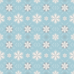 Seamless floral pattern with abstract flowers based on Arabic geometric ornaments. Geometric floral background in pastel blue and white colors