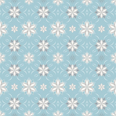 Seamless floral pattern with abstract flowers based on Arabic geometric ornaments. Geometric floral background in pastel blue and white colors