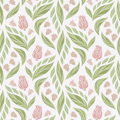 Seamless vector floral pattern with abstract flowers and leaves in natural colors on white background