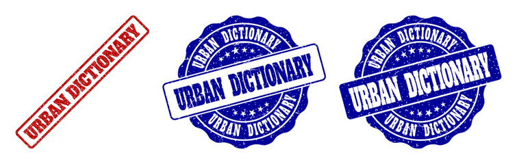 URBAN DICTIONARY grunge stamp seals in red and blue colors. Vector URBAN DICTIONARY watermarks with grainy effect. Graphic elements are rounded rectangles, rosettes, circles and text tags.