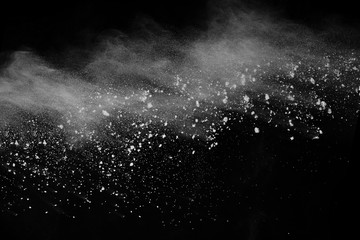 White powder explosion on black background. Colored cloud. Colorful dust explode. Paint Holi.