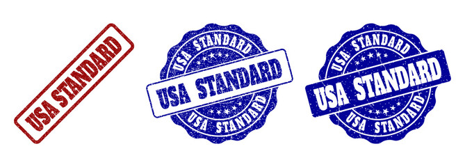USA STANDARD scratched stamp seals in red and blue colors. Vector USA STANDARD overlays with scratced surface. Graphic elements are rounded rectangles, rosettes, circles and text tags.