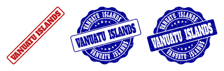 VANUATU ISLANDS scratched stamp seals in red and blue colors. Vector VANUATU ISLANDS labels with dirty style. Graphic elements are rounded rectangles, rosettes, circles and text labels.