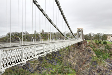 The deck, the suspender and main cables and the tower of the Clifton Suspension Bridge over the Avon river in Bristol, United Kingdom