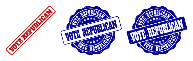 Fototapeta premium VOTE REPUBLICAN scratched stamp seals in red and blue colors. Vector VOTE REPUBLICAN imprints with grunge texture. Graphic elements are rounded rectangles, rosettes, circles and text labels.