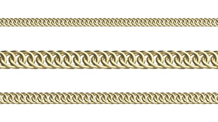 Golden chains on white background, isolated objects 3d render