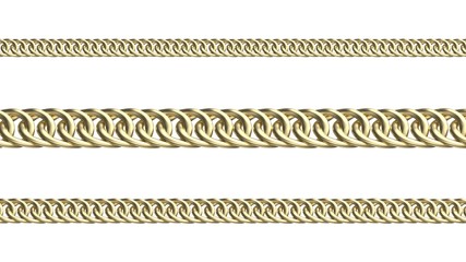 Golden chains on white background, isolated objects 3d render