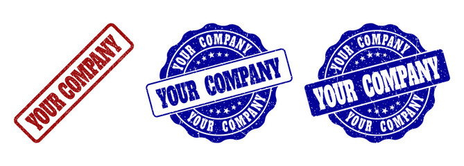 YOUR COMPANY scratched stamp seals in red and blue colors. Vector YOUR COMPANY labels with dirty texture. Graphic elements are rounded rectangles, rosettes, circles and text labels.