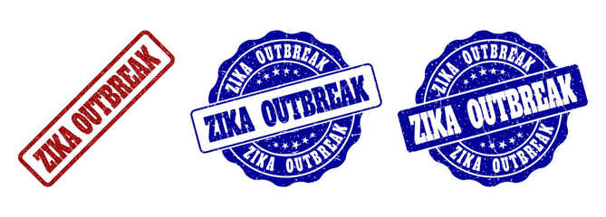 Obraz premium ZIKA OUTBREAK grunge stamp seals in red and blue colors. Vector ZIKA OUTBREAK signs with grunge texture. Graphic elements are rounded rectangles, rosettes, circles and text labels.