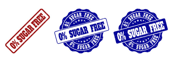 0% SUGAR FREE grunge stamp seals in red and blue colors. Vector 0% SUGAR FREE signs with grunge effect. Graphic elements are rounded rectangles, rosettes, circles and text labels.