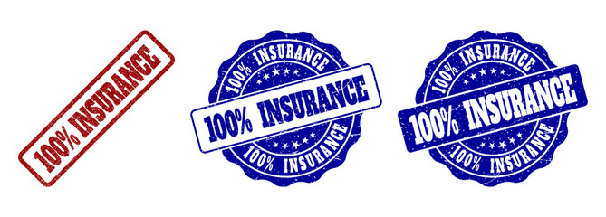 100% INSURANCE grunge stamp seals in red and blue colors. Vector 100% INSURANCE labels with grunge surface. Graphic elements are rounded rectangles, rosettes, circles and text titles. © Tensor Designs