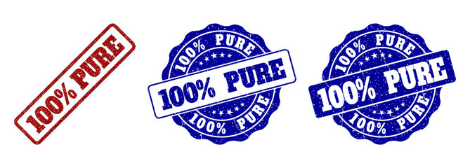 100% PURE grunge stamp seals in red and blue colors. Vector 100% PURE marks with grunge style. Graphic elements are rounded rectangles, rosettes, circles and text labels.