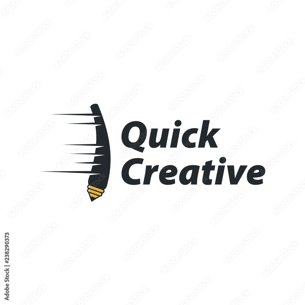 Poster quick creative logo template design with a running pencil. vector illustration.