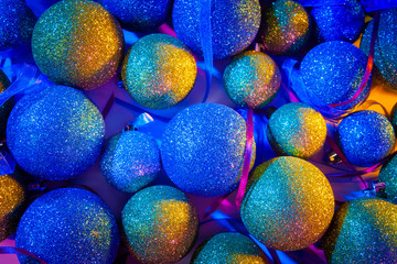 Christmas. New Year. Colored balls. Decorations for the Christmas tree. Christmas presents.