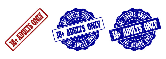 18+ ADULTS ONLY scratched stamp seals in red and blue colors. Vector 18+ ADULTS ONLY marks with grunge effect. Graphic elements are rounded rectangles, rosettes, circles and text captions.