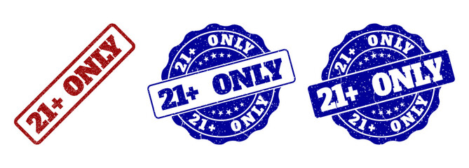 21+ ONLY grunge stamp seals in red and blue colors. Vector 21+ ONLY signs with grunge texture. Graphic elements are rounded rectangles, rosettes, circles and text tags.