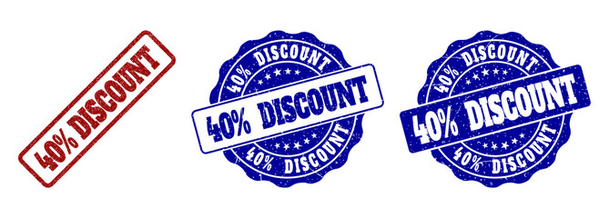 40% DISCOUNT scratched stamp seals in red and blue colors. Vector 40% DISCOUNT imprints with scratced surface. Graphic elements are rounded rectangles, rosettes, circles and text labels.