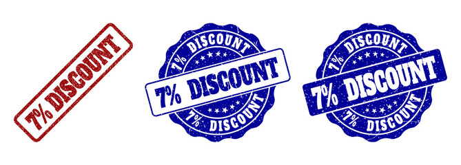 7% DISCOUNT scratched stamp seals in red and blue colors. Vector 7% DISCOUNT overlays with distress texture. Graphic elements are rounded rectangles, rosettes, circles and text labels.