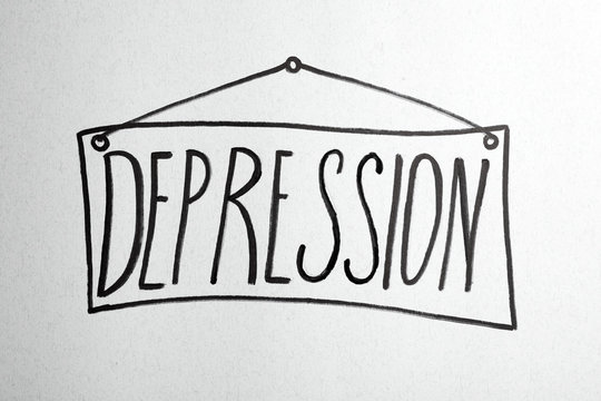 Drawing of board with written word DEPRESSION on white background