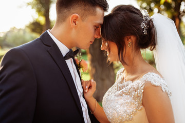 portrait of the bride and groom in nature, beautiful couple in love