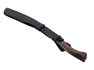 machete in black leather case. White background