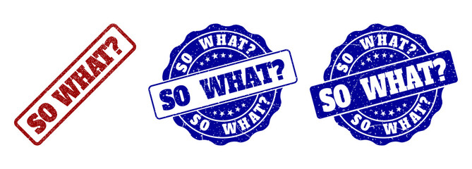 SO WHAT? scratched stamp seals in red and blue colors. Vector SO WHAT? marks with dirty style. Graphic elements are rounded rectangles, rosettes, circles and text titles.