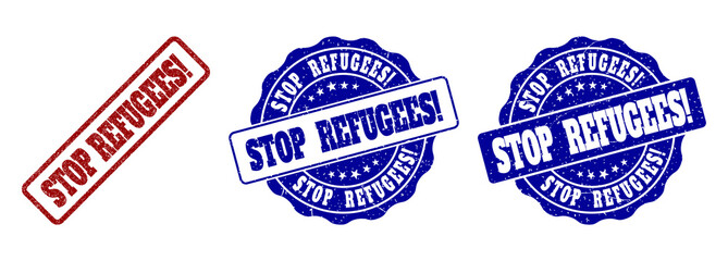 STOP REFUGEES! scratched stamp seals in red and blue colors. Vector STOP REFUGEES! signs with scratced texture. Graphic elements are rounded rectangles, rosettes, circles and text captions.