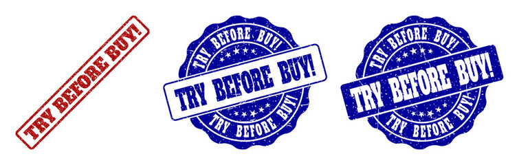 Fototapeta premium TRY BEFORE BUY! grunge stamp seals in red and blue colors. Vector TRY BEFORE BUY! signs with grunge effect. Graphic elements are rounded rectangles, rosettes, circles and text tags.