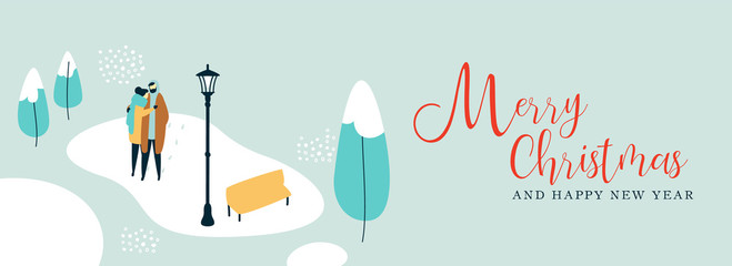 Christmas banner of couple walking in snow