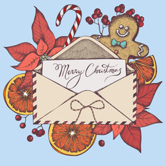 Vector composition with colored letters, gingerbread men, lollipop, bow, oranges, rowan, lettering, poinsettia