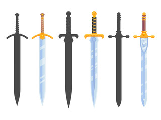 Set of knight swords isolated on white background. Swords in flat style and silhouettes. Vector illustration