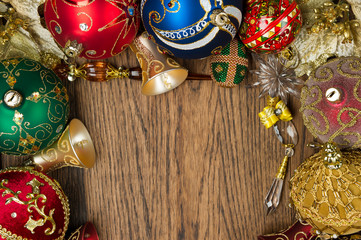 New year decorations ornament, Christmas toys in vintage style on wooden background, xmas winter...