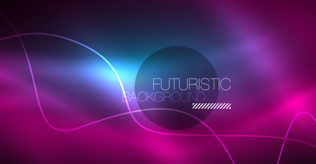 Abstract shiny glowinng color wave design element on dark background - science or technology concept