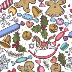 Seamless pattern with colored bells, jingles, gingerbread men, gingerbread, macaron, candies, snowflakes, sparkles, holly, spruce, toy horse