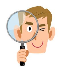 虫眼鏡を構える男性　ビジネスマン　若者　
