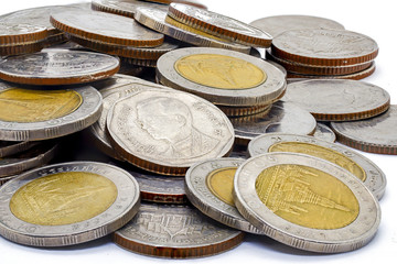 Close up shot of Thai Baht, Coin money Thailand isolated on white background.