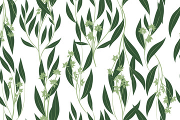 Eucalyptus Vector. Cute Seamless Pattern with Vector Leaves, Branches and Floral Elements. Elegant Cute Background for Rustic Wedding Design, Fabric, Textile, Dress. Eucalyptus Vector in Vintage Style