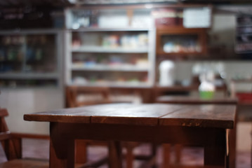 Wooden table with the background blurred.