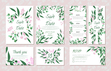 Wedding Card Templates Set with Eucalyptus. Decorative Frames with Leaves, Floral and Herbs Garland. Menu, Rsvp, Label, Invitation with Nature Wreath. Vector Hand Drawn Wedding Cards Isolated on White