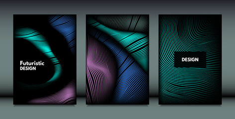 Flowing Wavy Lines in Movement. Abstract Backgrounds with Vibrant Gradient and Metallic Effect in Futuristic Style. 3D Vector Abstraction with Distortion of Shapes. Wavy Lines for Cover, Brochure.