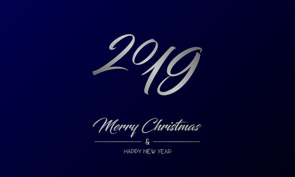 Vector illustration of greeting card with silver Merry Christmas and Happy New Year and 2019