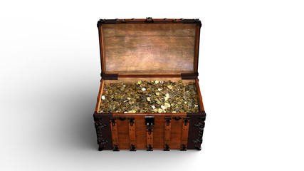 Treasure chest with golden coins, old wooden box full of gold isolated on white background, front view, 3D rendering