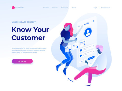 People fly and build a customer profile in a mobile application. Data analysis and office situations. Isometric vector illustration. Landing page concept.