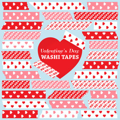 Obraz premium Valentine's Day Washi Tape Strips in Pink, Red and White Hearts and XOXO Patterns. Photo Frame Border, Web Blog Layout Element, Clip Art, Scrapbook Embellishment.