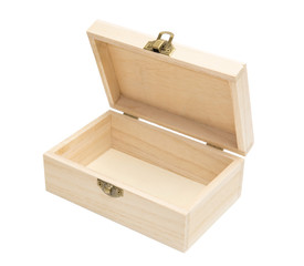 Empty wooden casket with open lid. Box of eco-friendly materials with brass mechanical lock isolated on a white background. Container for small items.