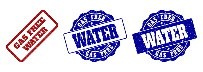 GAS FREE WATER scratched stamp seals in red and blue colors. Vector GAS FREE WATER signs with distress surface. Graphic elements are rounded rectangles, rosettes, circles and text labels.